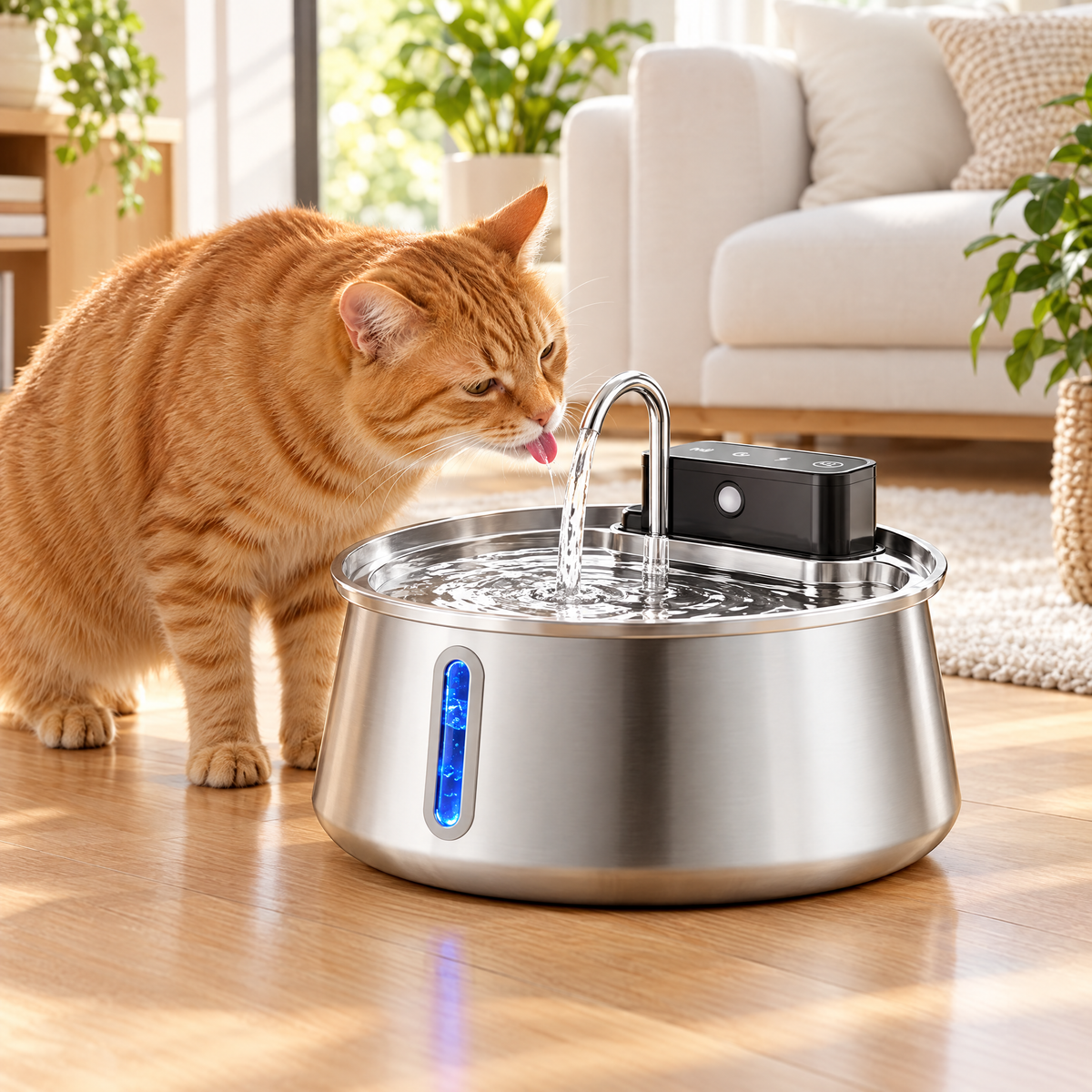 Orange cat drinking from the PetCascade 4L fountain