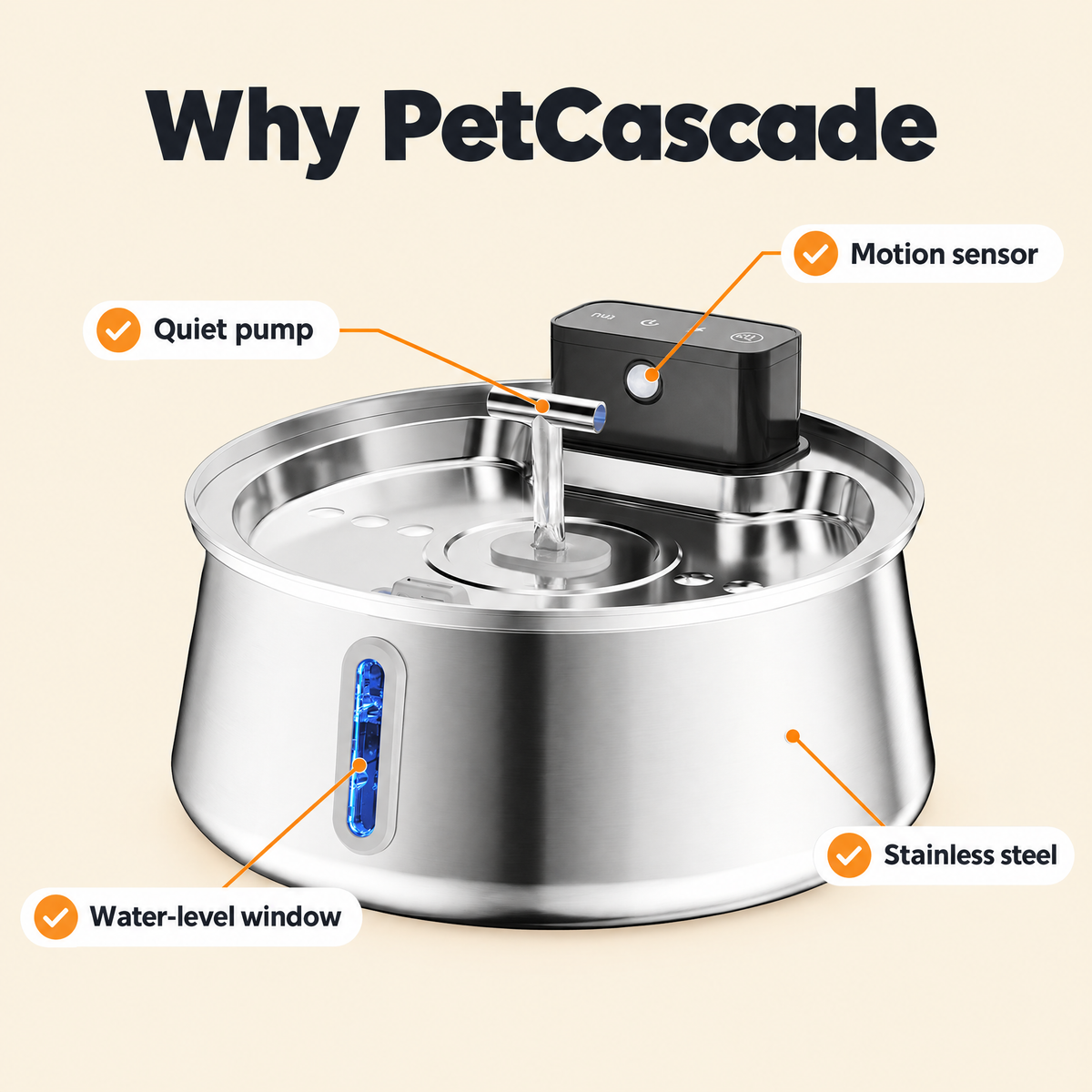 Why PetCascade 4L: stainless steel, motion sensor, quiet pump, water-level window