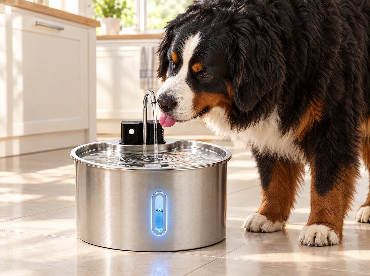 Bernese mountain dog drinking from PetCascade 7L fountain
