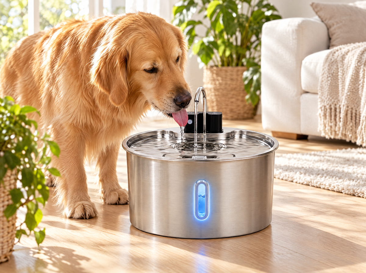 Golden retriever drinking from PetCascade fountain