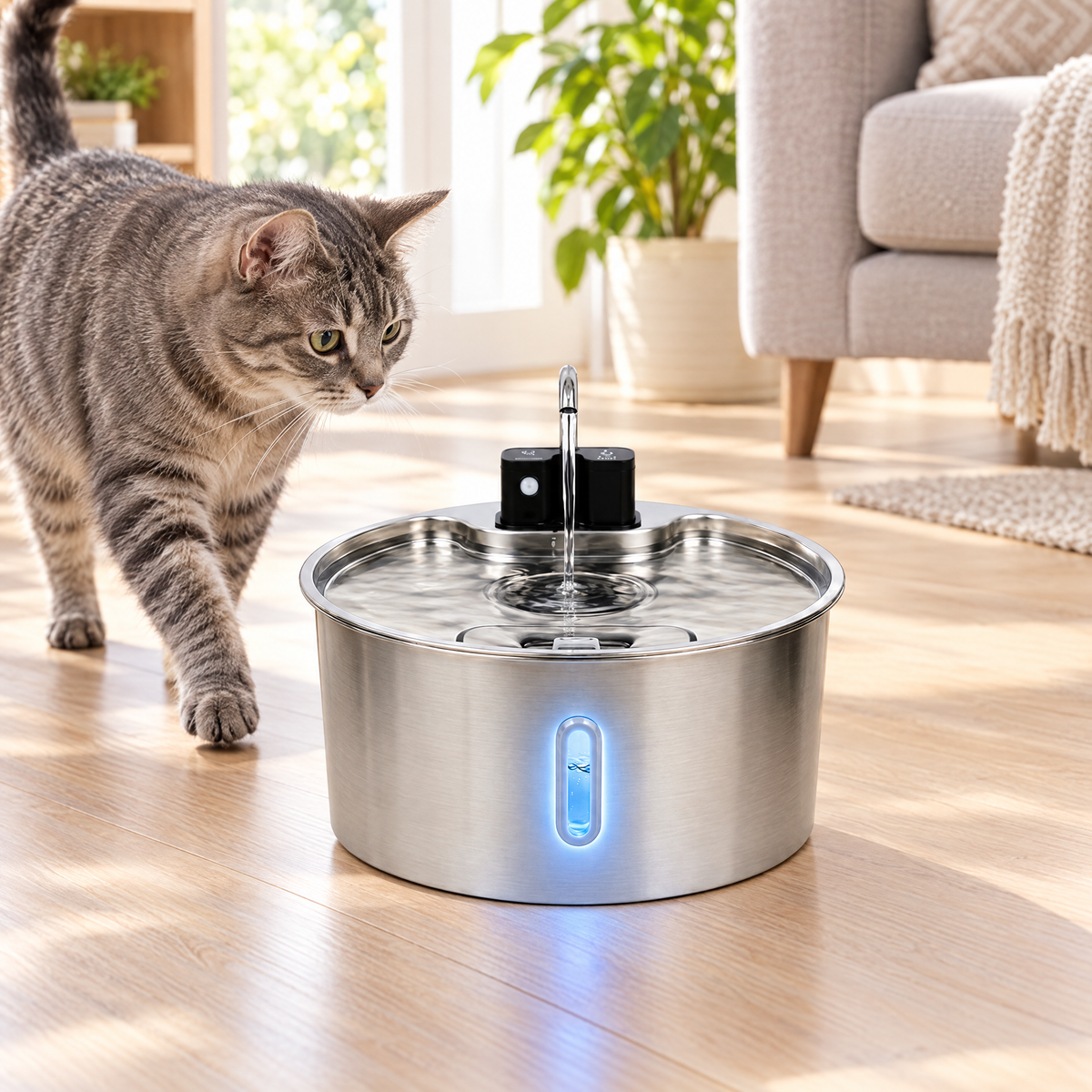 Cat walking up as the PetCascade motion sensor starts the water
