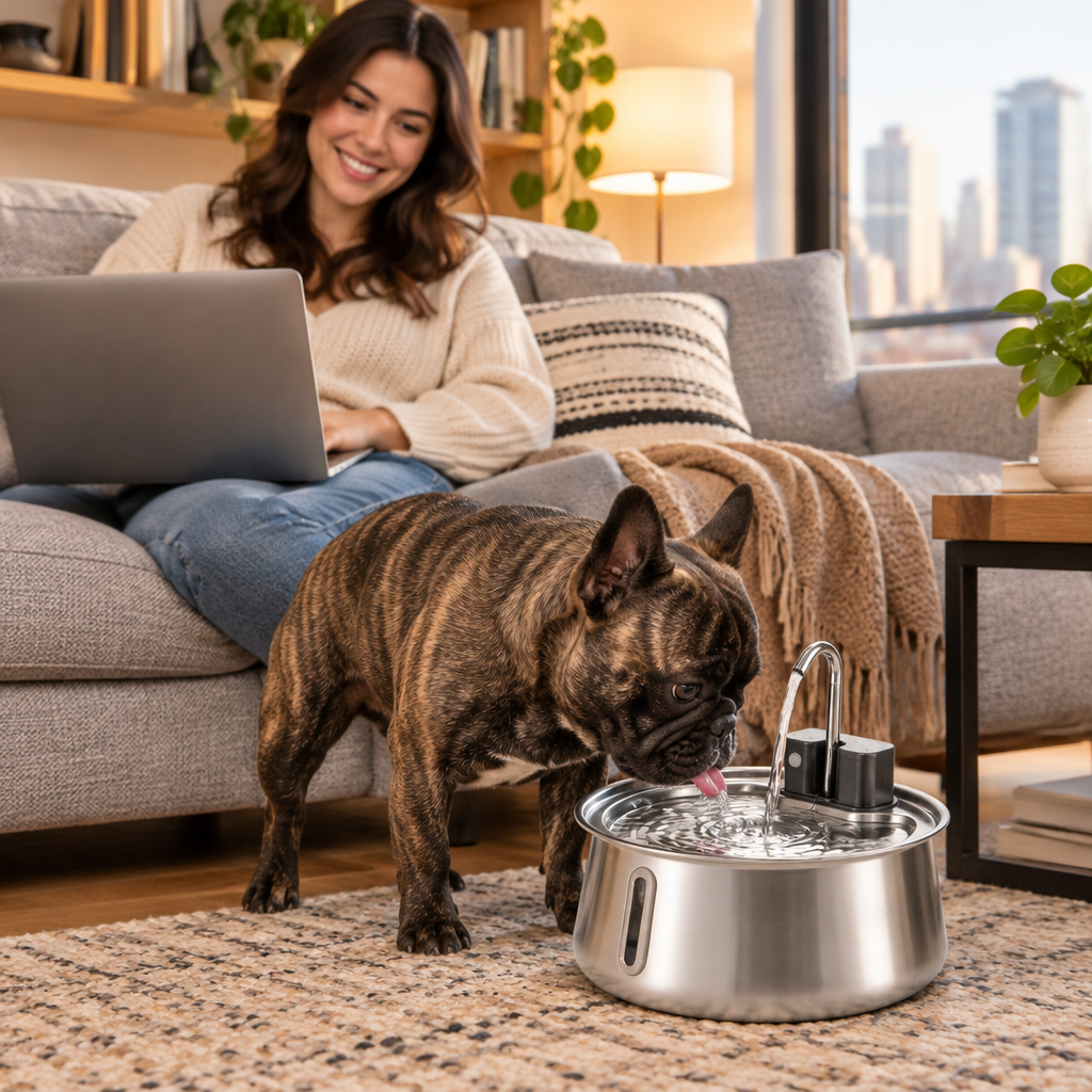 Pet parent working while French bulldog drinks