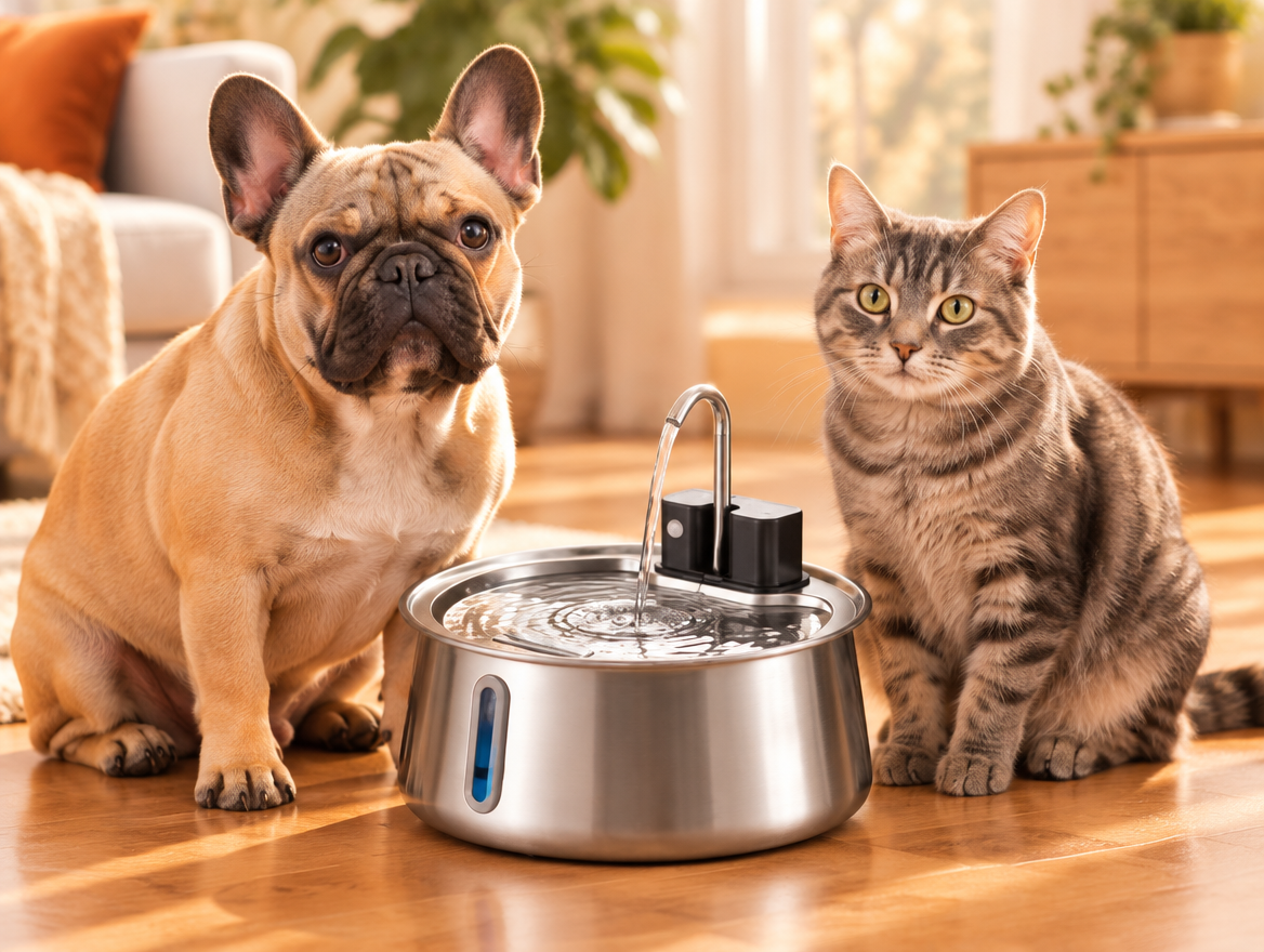 French bulldog and cat beside the PetCascade fountain
