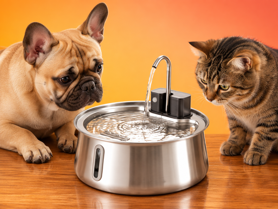 PetCascade fountain with French bulldog and cat