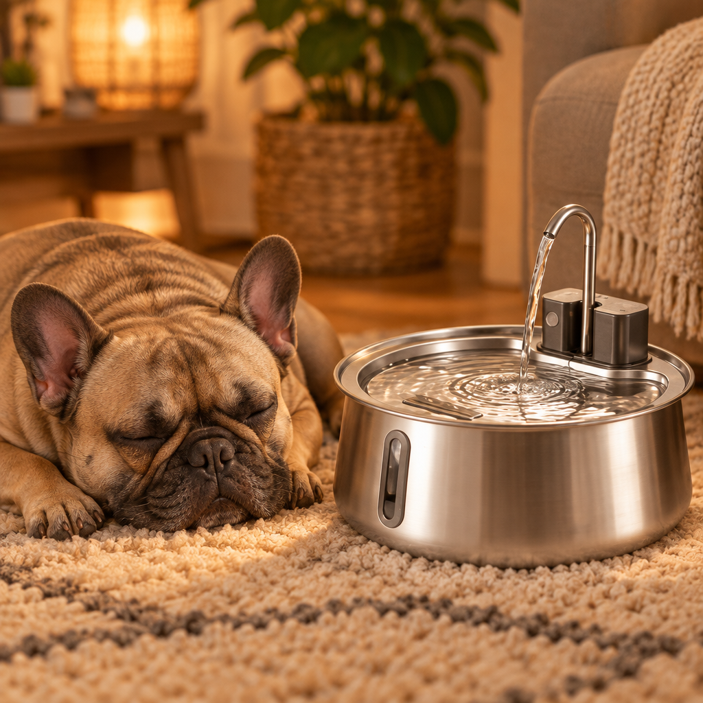 French bulldog sleeping next to quiet PetCascade fountain