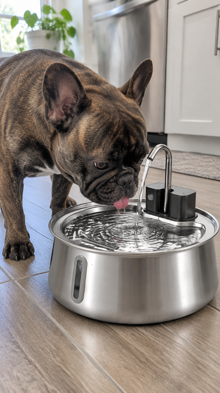 French bulldog drinking from PetCascade