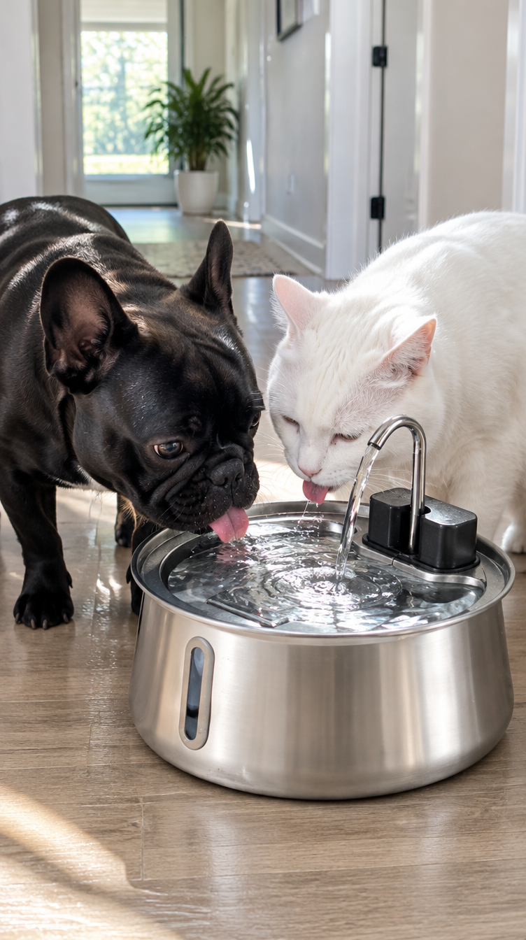French bulldog and cat drinking together