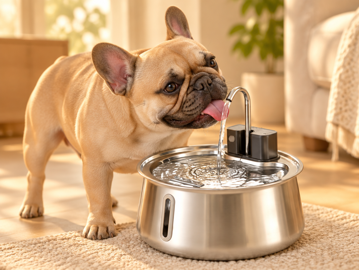 French bulldog drinking fresh flowing water